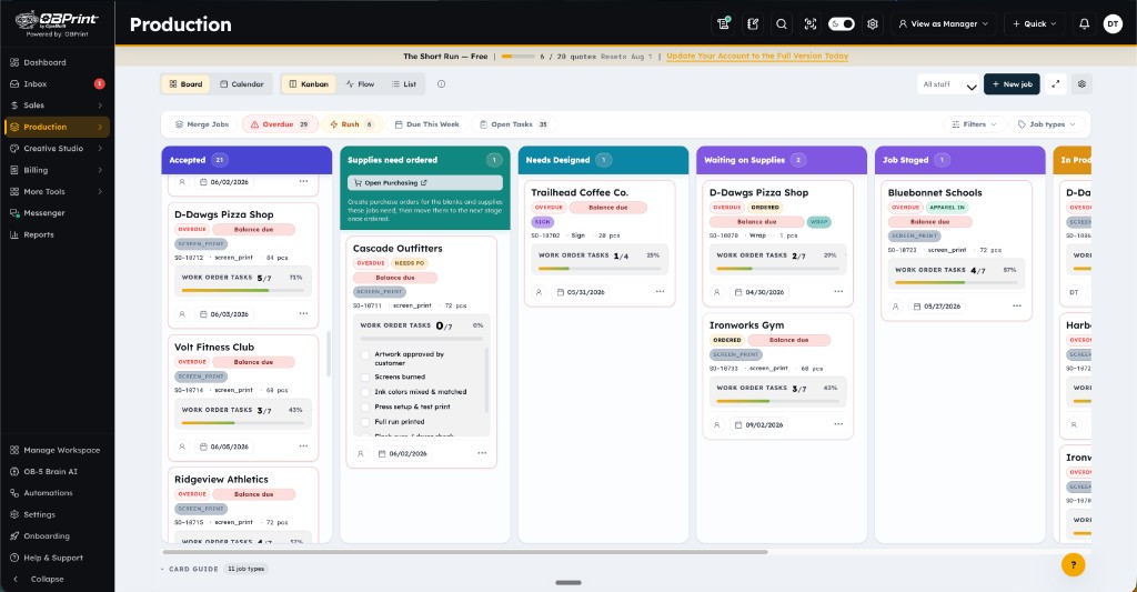 OBPrint production board showing sample jobs organized across production stages